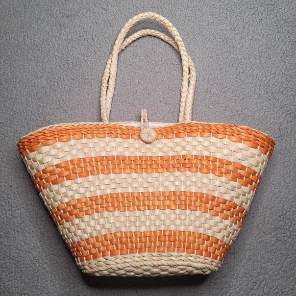 J. Crew Tote Bag Orange Natural Stripe Woven Raffia Straw Beach Market Vacation - Picture 1 of 7
